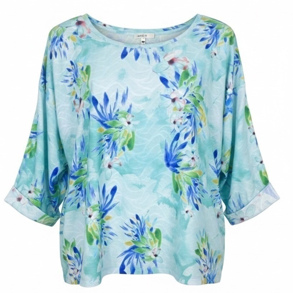NEW Leo & Nicole Womens 2X Aqua Blue Floral Watercolor 3/4 Sleeve Blouse Tunic